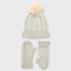 French Connection Women's Cable Knit Hat & Mitten Set with Faux Fur Pom - Winter Warmth Accessories, Soft & Stylish - 1 of 4