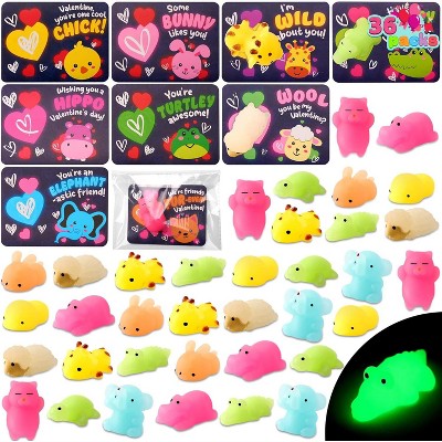 Joyfy 36 Packs 9-Design Gift Cards with Glow Dark Mochi Squishy Toys | Stress Relief Glowing Toys