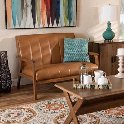 Nikko Mid-Century Modern Tan Faux Leather Loveseat with Walnut Wood