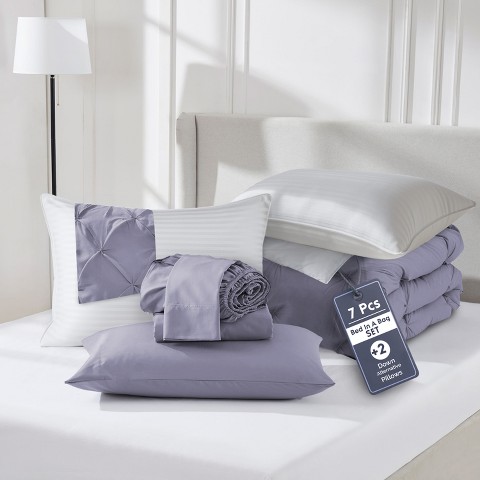 Nestl Queen Size Pinch Pleated Comforter Set, 9 Piece Queen Bed in a Bag Dusty Purple, Queen Size Bedding Set with Down Alternative Pillows