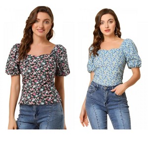Allegra K Women's Puff Sleeve Square Neck Peasant Floral Blouse 2 Packs - 1 of 4