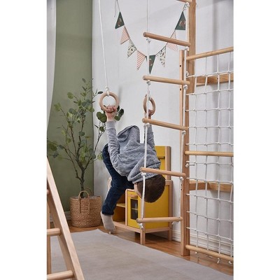 Natural Wood 8-in-1 Indoor Jungle Gym with Slide and Swing