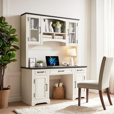 TAJSOON Farmhouse 76" Height Computer Desk with Hutch, Off White