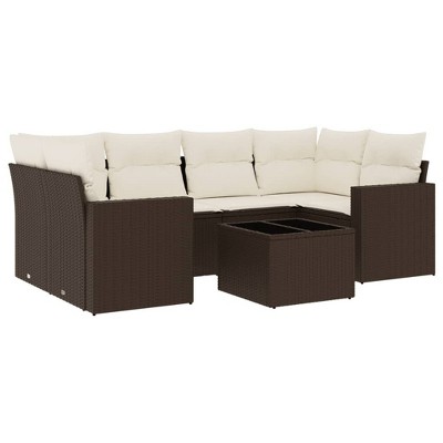 vidaXL Patio Sofa Set with Cushions Outdoor Furniture 7 Piece Poly Rattan - Brown and Cream
