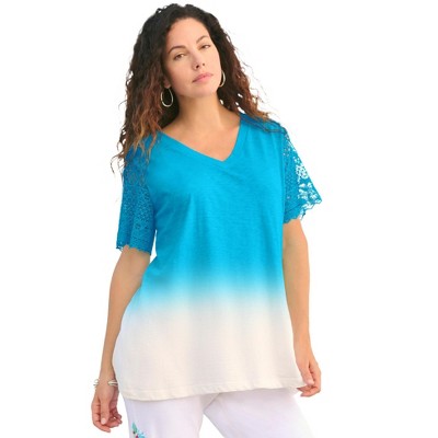 Roaman's Women's Plus Size Lace-Sleeve Ombre Slub Tee