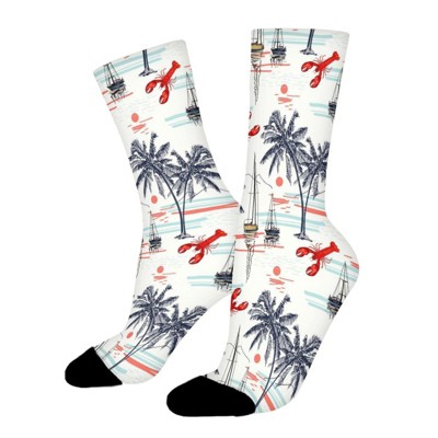 Summer Beach Palm Trees And Lobsters Women Printed Crew Socks Funny Funky Socks Soft Polyester Novelty Gifts for Artists Men