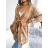 Womens Knit Cardigan Plaid Tie Belt Lantern Sleeve Casual Coat - 3 of 4