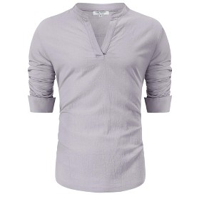 Men's Cotton Linen Shirt Henley V Neck Long Sleeve Casual Beach T Shirts - 1 of 4