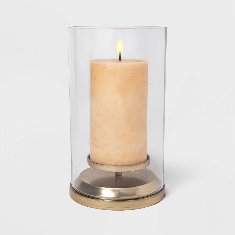 12" x 6.5" Brass and Glass Hurricane Pillar Candle Holder Gold/Clear - Threshold&#8482;, 2 of 3