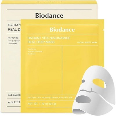 Biodance Radiant Vita Niacinamide Real Deep Mask (4 Sheets x 1.19 oz.) Face Sheet Masks for Dark Spot Care, Even Skin tone