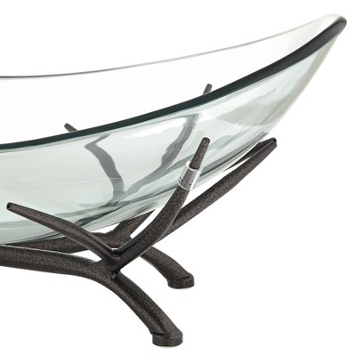 Clear Glass Oval Decorative Bowl with Black Metal Base