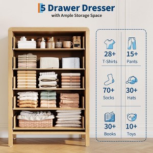 5-Drawer Tall Storage Dresser – Oak Finish Mid-Century Modern Chest, Bedroom Organizer with Gold Ring Pulls, for Living Room/Bedroom - 1 of 4