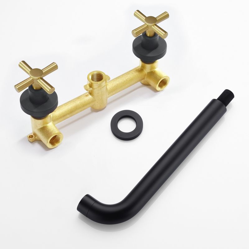 Sumerain Wall Mount Tub Faucet with 2 Cross Handles Black and Gold, Long Spout Reach High Flow, 5 of 9