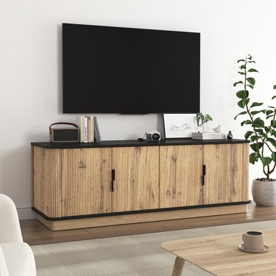 Chic Crate-Natural Wood TV Cabinet – 4-Door MDF Storage Console, Nordic Minimalist Style, Fits 55In