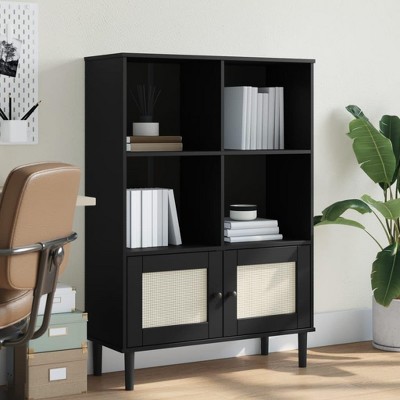 Senja Black Pine Wood Bookcase with Woven Rattan Doors