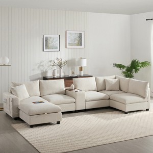Whisen Modern Chenille 4-seat Sectional Sofa with Ottoman, L-Shaped Cloud Couch Set with Throw Pillows - 1 of 4