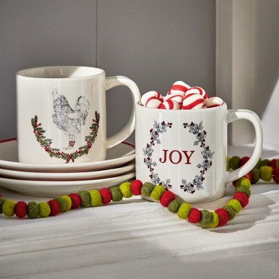 White Ceramic Christmas Mug with Rooster Design, 16 oz