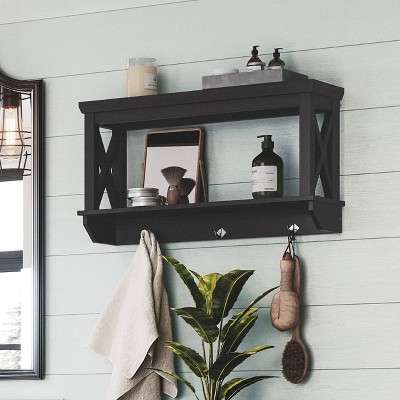 Black Wood Wall Shelf with Hooks and Open Shelves