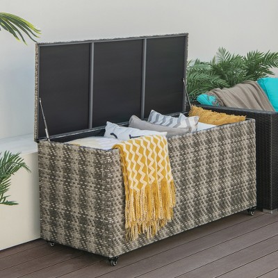 96 Gallon Gray Wicker Deck Box with Wheels