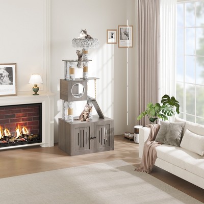 66.9" 2-in-1 Cat Tower & Litter Box Enclosure - Multi-Level Condo w/Scratching Posts, Grey