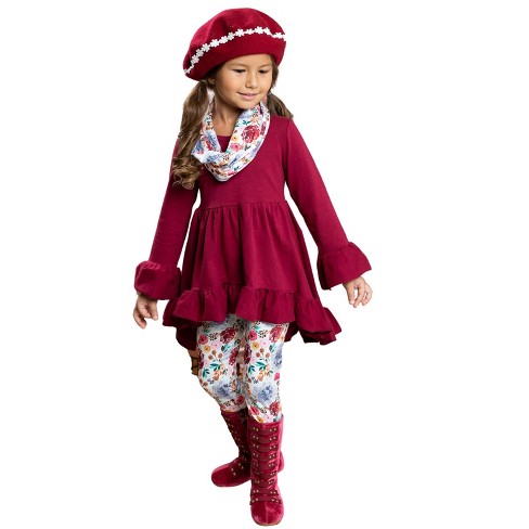 Girls Fall-ishous Flowers Tunic, Leggings and Scarf Set Mia Belle Girls,  Burgundy, 2T