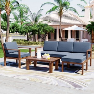 Janey 3-piece Acacia Wood Patio Conversation Set with Cushions, Outdoor Sofa Set with Wood Tabletop - Maison Boucle - 1 of 4