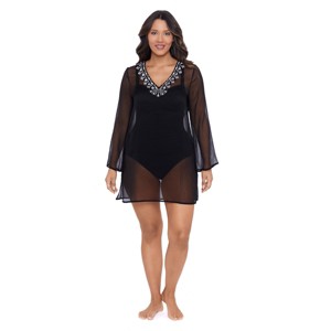 Trimshaper Women's Solid Embroidered Vneck Coverup Dress - 1 of 3