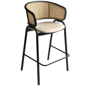 LeisureMod Ervilla Wicker Bar Stool with Grey Leather Fabric Seat and Black Steel Frame, Counter Height Seating - 1 of 4