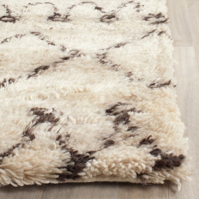 Ivory and Dark Brown Geometric Wool Shag Area Rug