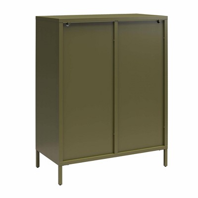 Olive Green Metal Accent Cabinet with Fluted Glass Doors