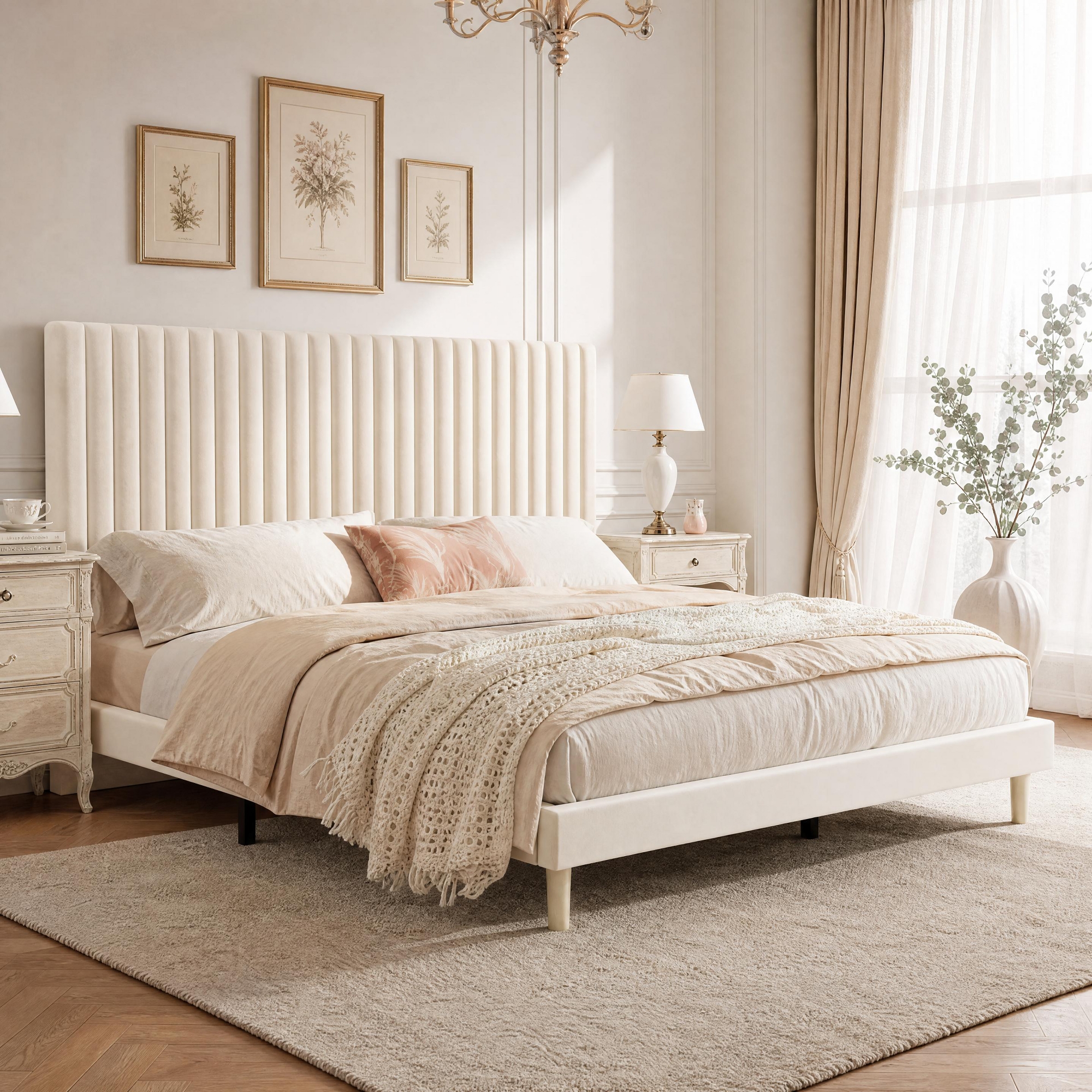 King Platform Bed Frame with Velvet Upholstered Vertical Channel Tufted Headboard, Metal & MDF Frame, No Box Spring Needed