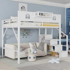 TIRAMISUBEST Full/Queen Loft Bed with Storage Stairs & Small Wardrobe, Kids Metal Bed Frame with House-Shaped Guardrails - 1 of 4