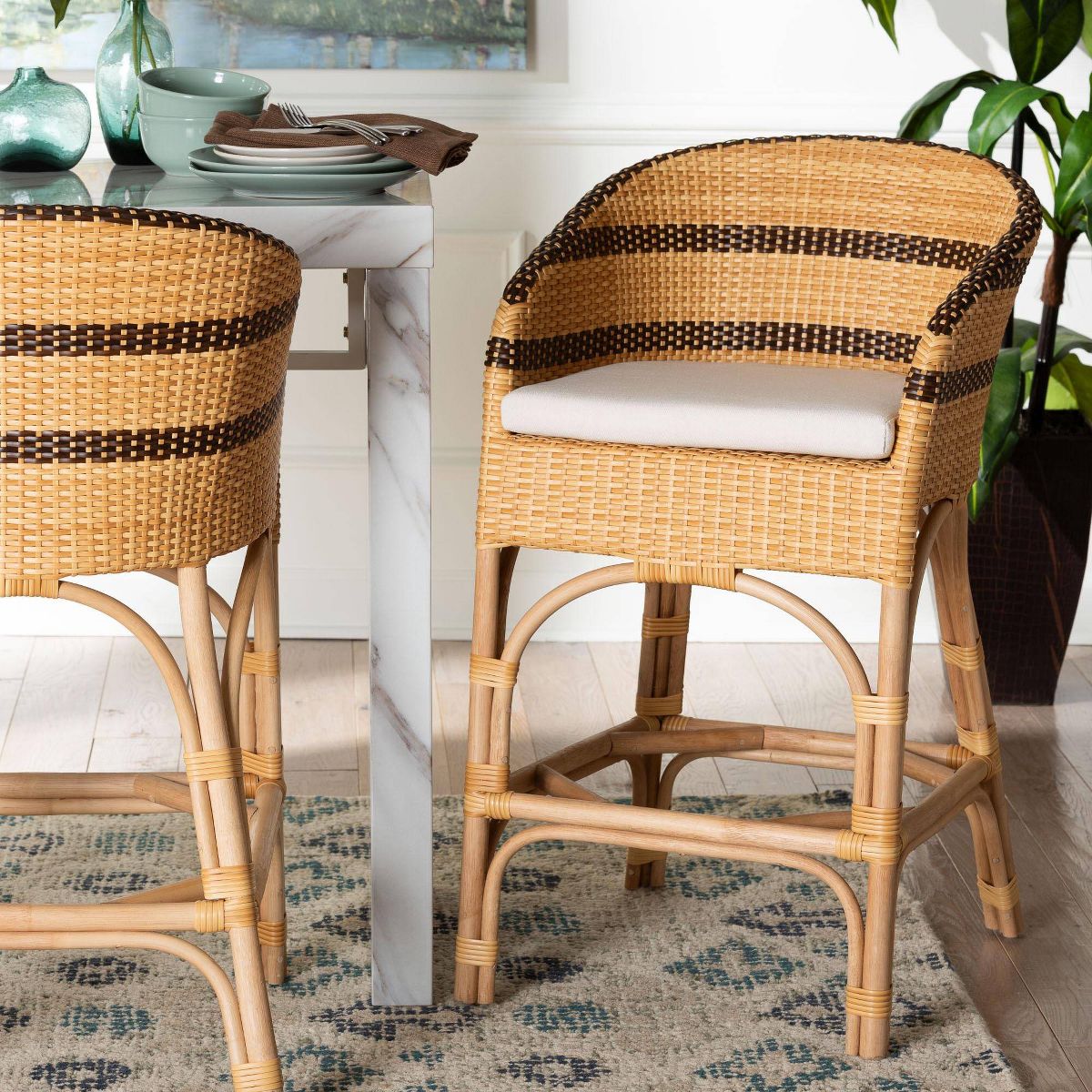 bali & pari Elma Rattan Counter Stool with Cushion Natural Brown/Dark Brown - thumbnail 8