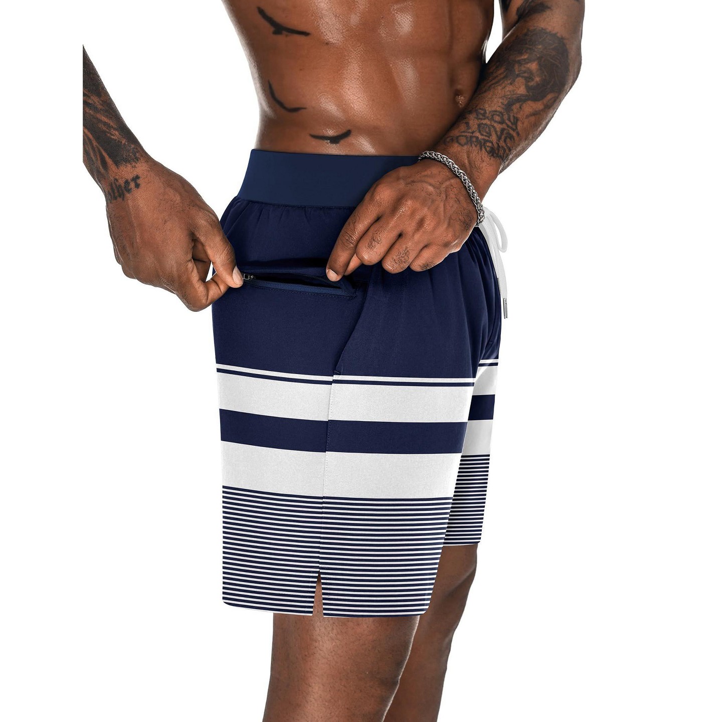 Мужские шорты Ekouaer 7" Swim Trunks Swimwear Zip Pockets Beach Board Shorts Bathing Suits with Mesh Lining Z Stripes Navy White M, цвет: Тёмно-синий — фото 4
