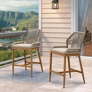 PURPLE LEAF Patio Sunbrella Bar Stools Set of 2 Handwoven Wicker Bar Height Stool Modern Aluminum Outdoor Wicker Barstools with Back and Cushion - 1 of 4
