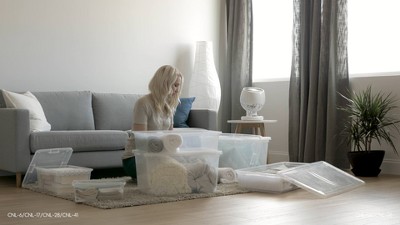 Clear Stackable Plastic Storage Bins with Gray Lids, Set of 8