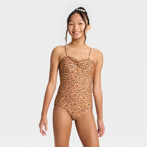 Art Class Girls' Animal Leopard Print One Piece Swimsuit- art class™ Coral Orange L