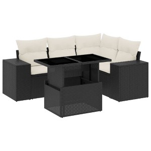 vidaXL 5 Piece Patio Sofa Set with Cushions Black and Cream Poly Rattan - Without Storage - 1 of 4