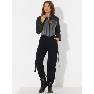Allegra K Women's Casual Zip-Up Faux Flap Pockets Washed Denim Crop Jacket X-Large Black — фото 2