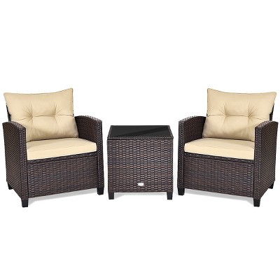 Tangkula 3PCS Wicker Cushioned Conversation Set Outdoor Rattan Furniture w/Beige/Red/Black/Navy/Off White/Turquoise  Cushions