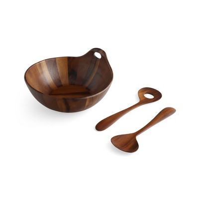 Nambe Portables Wood Salad Bowl with Servers, 3-Piece Set, Acacia Wood Large Salad Bowl, Mixing Bowl with Wooden Serving Spoons,11 Inch,