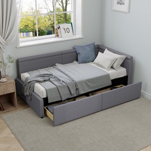 TIRAMISUBEST Modern Style L-Shaped Corner Bed Frame with Nailhead Trim, Twin Size Upholstered Daybed with 2 Drawers - 1 of 4