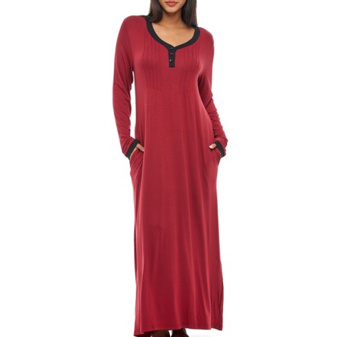 ADR Women's Long Nightgown with Pockets, Full Length Nightshirt,  Lightweight Sleep Shirt Burgundy /black Medium