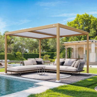 PURPLE LEAF Louvered Pergola Outdoor Aluminum Pergola with White Adjustable Rainproof Roof Wood Grain Frame Hardtop Gazebo for Patio Deck Garden