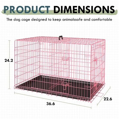 36 Inch Pink Metal Dog Crate with Double Door and Tray