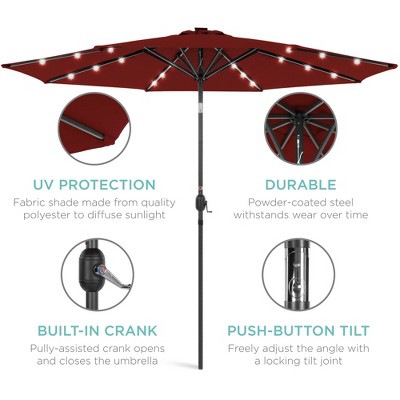 10ft Red Solar LED Lighted Aluminum Patio Umbrella with Tilt Adjustment