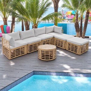 7-Piece Modular Wicker Sofa Set with Removable Cushions, Adjustable Feet, and Round Coffee Table for Outdoor Spaces - 1 of 4