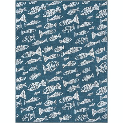 Blue and Ivory Synthetic Coastal Outdoor Rug 9' x 12'