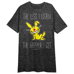 It's Happy Bunny The Less I Listen The Happier I Get Crew Neck Short Sleeve Black Heather Women's Night Shirt - 1 of 2