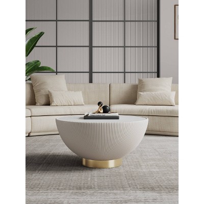 Cream Round Coffee Table with Faux Marble Top and Gold Base